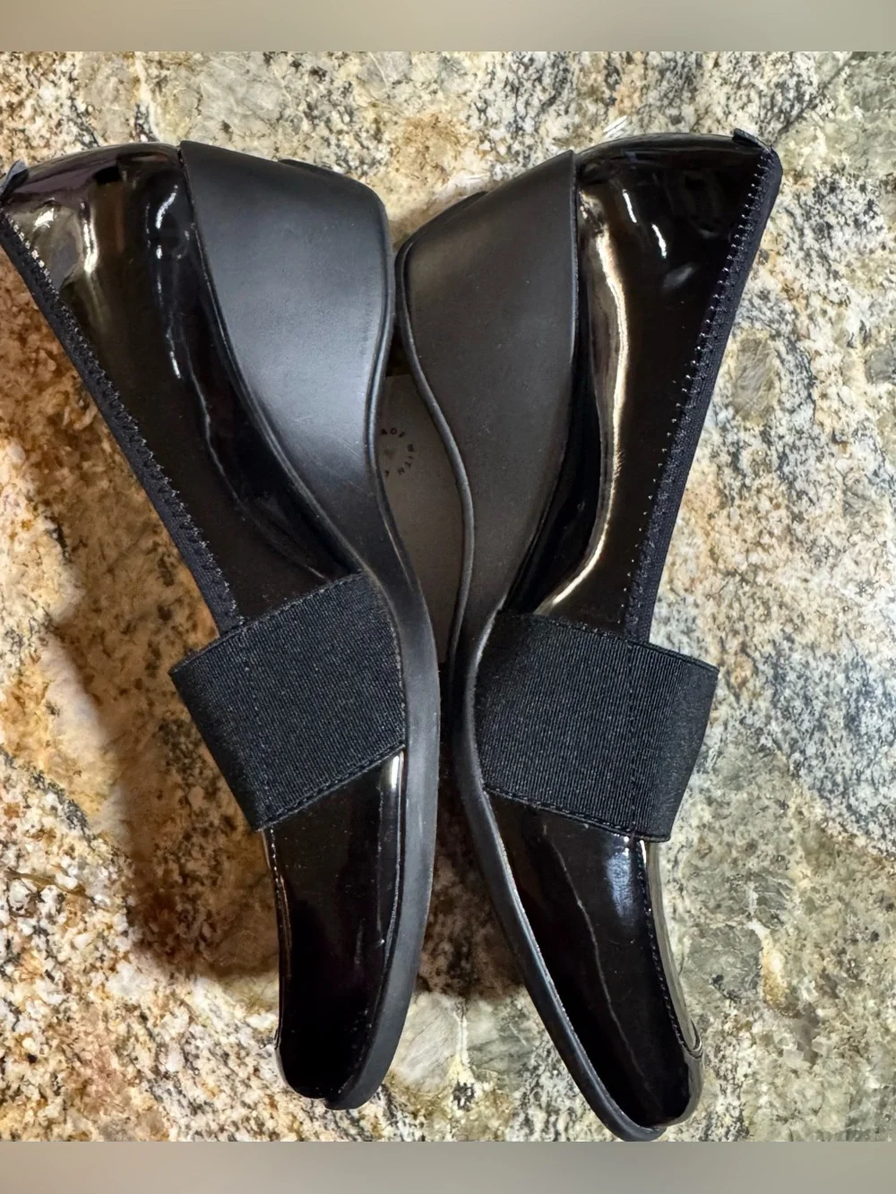 EUC Anne Klein Sport Black Patent Wedge Loafers with Elastic Strap